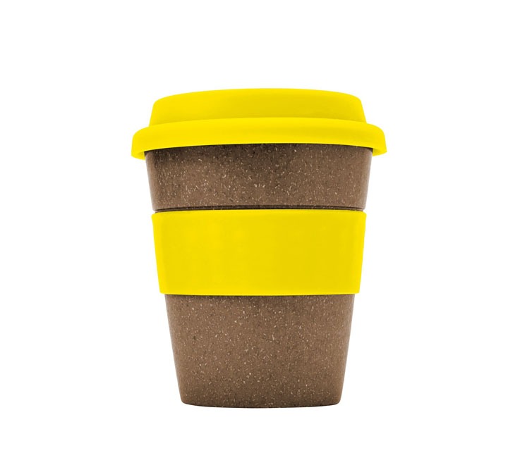 Promotional Bamboo Reusable Coffee Cup With Yellow Band and Promotional Bamboo Reusable Coffee Cup With Yellow Band and